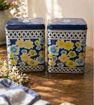 Vintage Equal Sweetener Floral Tin Canister Set of 2 Blue and Yellow Tins